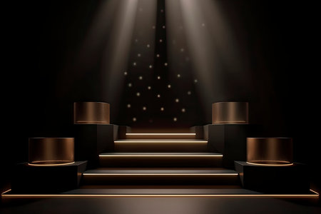 Podium with lighting. Scene with for award ceremony on dark background. Platform illuminated.Generative AIの素材