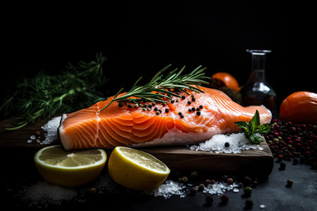 Salmon fish with ingredients at black table.Generative AIの素材