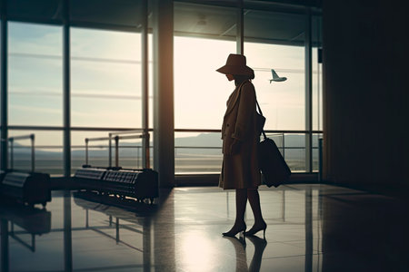 travel concept, people in the airports ,Silhouette of young girl with luggage walking at airport, women showing something through the window,selective focus,vintage tone color.Generative AIの素材