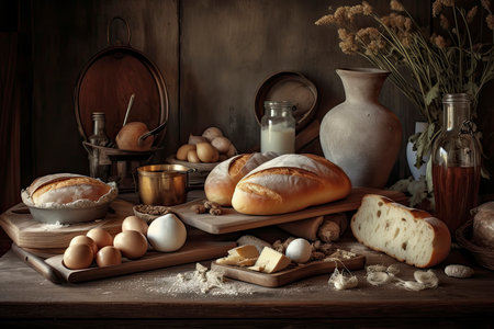 Still life with bread and its ingredients in vintage setting.Generative AIの素材