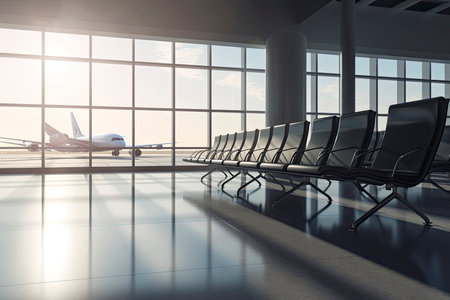 Travel and holidays concept with side view on light empty seat rows in sunlit spacious airport.Generative AIの素材
