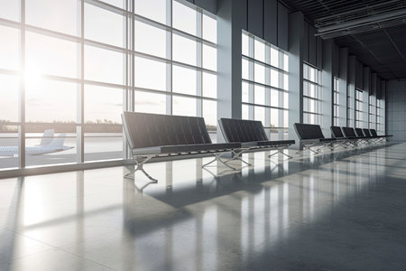 Travel and holidays concept with side view on light empty seat rows in sunlit spacious airport.Generative AIの素材