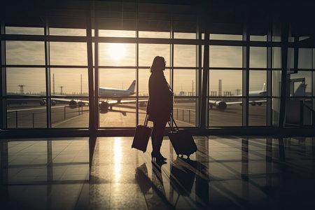 travel concept, people in the airports ,Silhouette of young girl with luggage walking at airport, women showing something through the window,selective focus,vintage tone color.Generative AIの素材