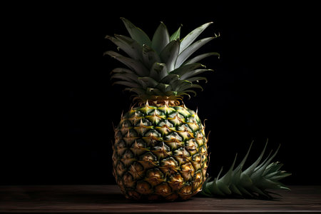 Ripe pineapple fruit cut in half and triangle shape on a rustic wooden table for high fiber fruits concept.Generative AIの素材