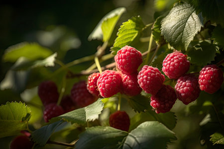 Branch of ripe raspberries in a garden.Generative AIの素材