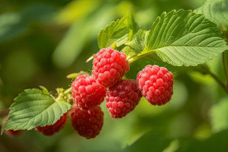 Branch of ripe raspberries in a garden.Generative AIの素材
