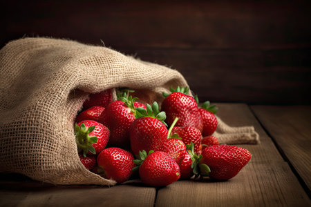 fresh strawberry in burlap sack on wood.Generative AIの素材