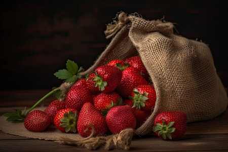 fresh strawberry in burlap sack on wood.Generative AIの素材