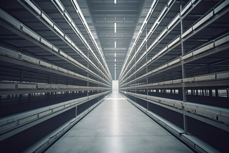 Empty conveyor belt point of view, empty shelves in large shipping warehouse.Generative AIの素材