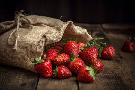 fresh strawberry in burlap sack on wood.Generative AIの素材