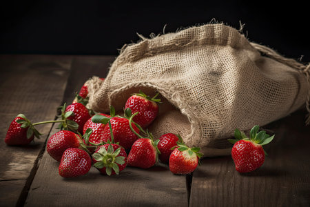 fresh strawberry in burlap sack on wood.Generative AIの素材