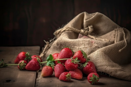 fresh strawberry in burlap sack on wood.Generative AIの素材