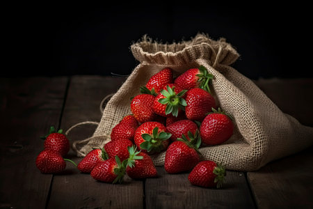 fresh strawberry in burlap sack on wood.Generative AIの素材