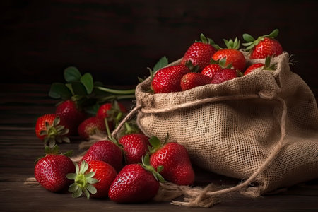 fresh strawberry in burlap sack on wood.Generative AIの素材