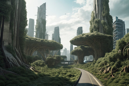 futuristic city landscape showing roads, trees and buildings.Generative AIの素材