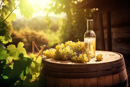 White wine in a vineyard, on a old wooden barrel. Sunlight Summer Background.Generative AIの素材