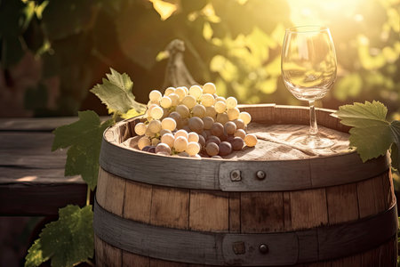 White wine in a vineyard, on a old wooden barrel. Sunlight Summer Background.Generative AIの素材