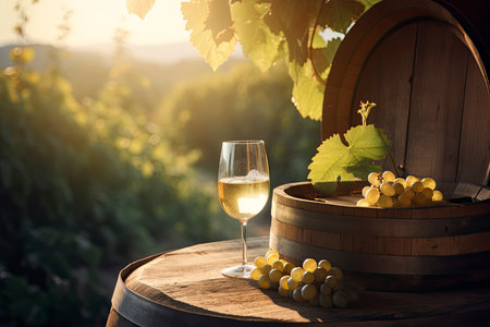 White wine in a vineyard, on a old wooden barrel. Sunlight Summer Background.Generative AIの素材