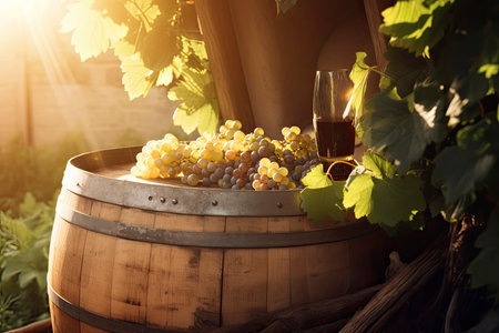 White wine in a vineyard, on a old wooden barrel. Sunlight Summer Background.Generative AIの素材