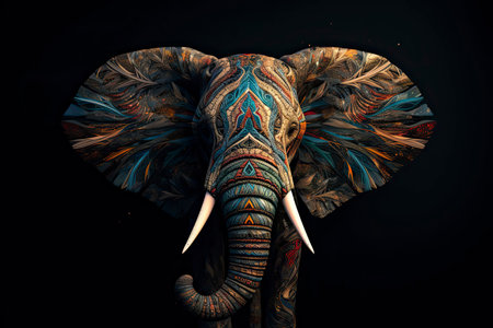 elephant head Fokus in camera ethnic painting with feathers.Generative AIの素材