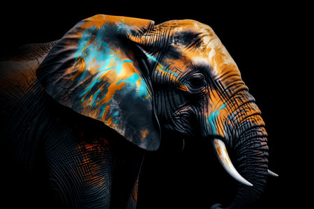 elephant head Fokus in camera ethnic painting with feathers.Generative AIの素材