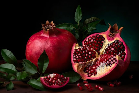 red pomegranate sliced in half with leaves.Generative AIの素材
