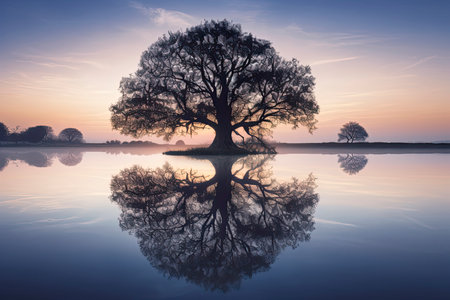 tree of life reminiscent of Yggdrasil reflected in an icy lake at night, dramatic starry sky in the background.Generative AIの素材