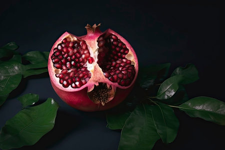 red pomegranate sliced in half with leaves.Generative AIの素材
