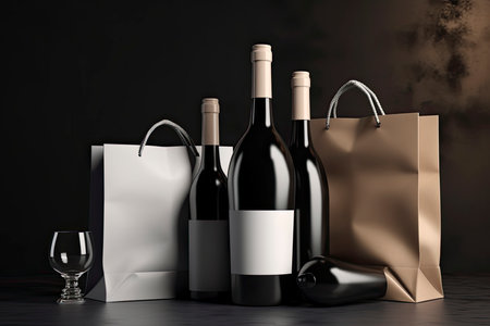 mockup bottles of wine, champagne with an empty label and paper bag .Generative AIの素材