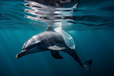 A dolphin trapped in a plastic bag in the ocean. Environmental Protection.Generative AIの素材