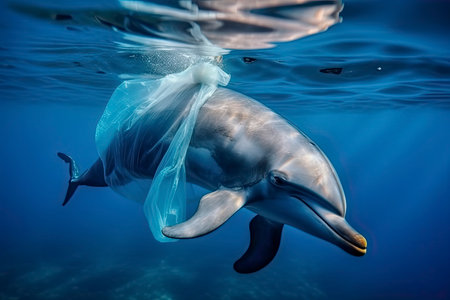 A dolphin trapped in a plastic bag in the ocean. Environmental Protection.Generative AIの素材