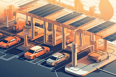 a solar power station with cars parked at the entrance, in the style of bold.Generative AIの素材