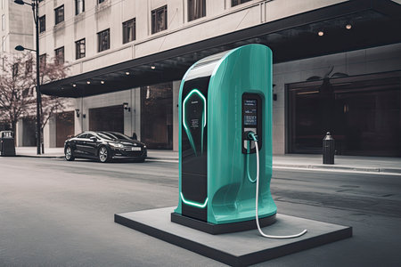 an onstreet e charging station, in the style of emerald and aquamarine, captivating cityscapes.Generative AIの素材