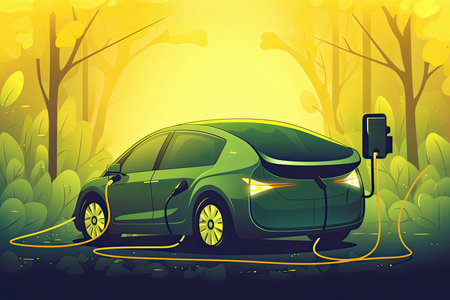 an electric car is charging an electric charger, in the style of dark yellow and light green.Generative AIの素材