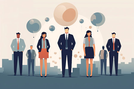 Business team members are standing with confident faces. Business icons are floating above their heads. flat design style vector illustration.Generative AIの素材