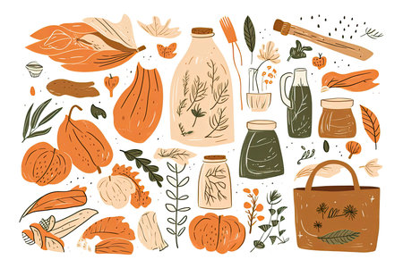 Collection of hand drawn zero waste elements.ecological lifestyle vector.Generative AIの素材