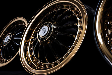 Close up of five wheels against black.Generative AIの素材