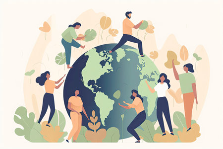 Eco-friendly people with Earth globe, saving planet, protecting and caring about environment. Concept.Generative AIの素材
