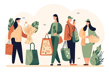 Eco illustration for web. People sort waste and use eco bags and reusable cups.Generative AIの素材