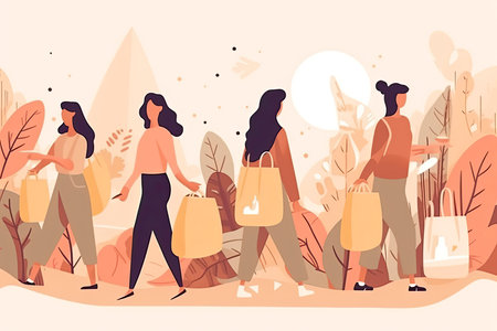 Eco illustration for web. People sort waste and use eco bags and reusable cups.Generative AIの素材