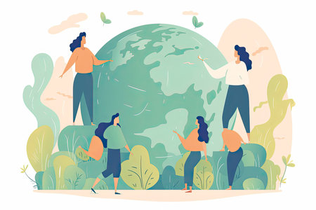 Eco-friendly people with Earth globe, saving planet, protecting and caring about environment. Concept.Generative AIの素材