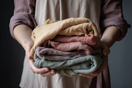 Hands hold a stack of organic clothing and cotton colors. Eco friendly fabric shop.Generative AIの素材
