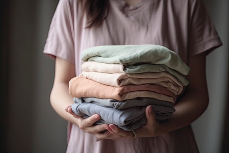 Hands hold a stack of organic clothing and cotton colors. Eco friendly fabric shop.Generative AIの素材