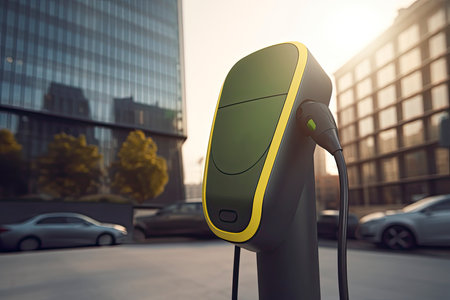 innovis electric car charger is now available at ap, in the style of zigzags, dark green and yellow.Generative AIの素材
