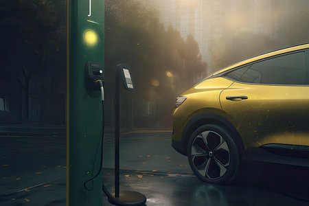 innovis electric car charger is now available at ap, in the style of zigzags, dark green and yellow.Generative AIの素材