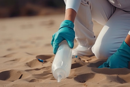 environmental pollution. Volunteer in protective gloves picks up a plastic bottle on the beach.Generative AIの素材