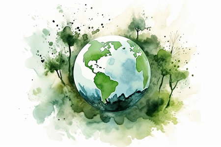 Green earth watercolor art hand drawing.Generative AIの素材