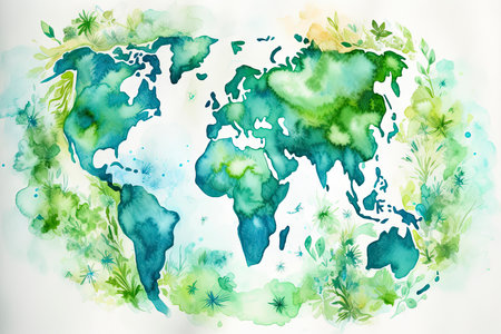 Green earth watercolor art hand drawing.Generative AIの素材