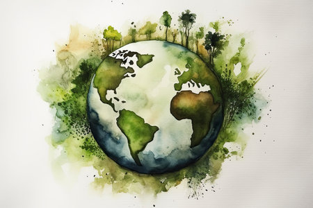Green earth watercolor art hand drawing.Generative AIの素材