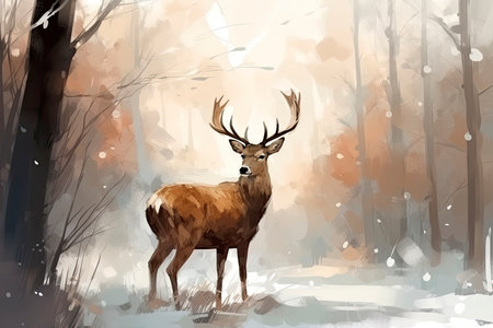 Noble deer in winter snowy forest, winter art, Christmas landscape.Generative AIの素材